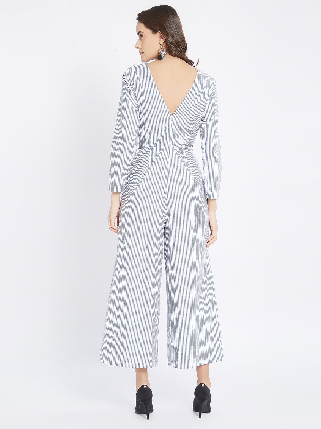 Blue Striped Jumpsuit With Embellishments - AaliyaIndia