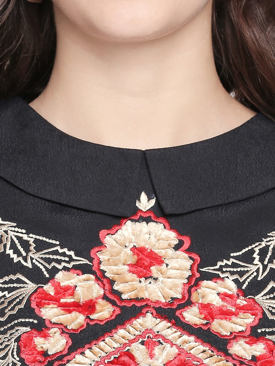 Collared Black Dress With Embroidery - AaliyaIndia