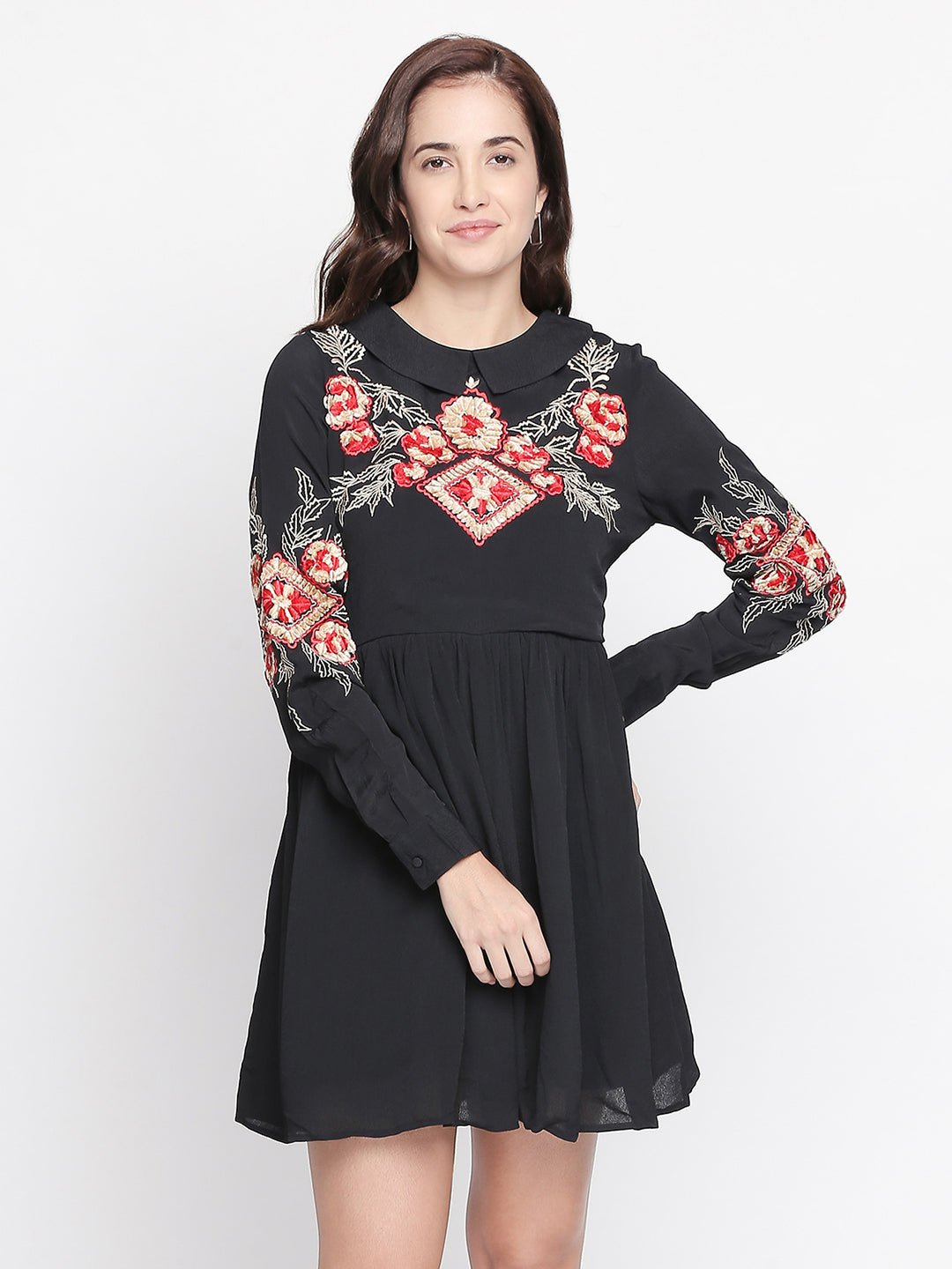 Collared Black Dress With Embroidery - AaliyaIndia