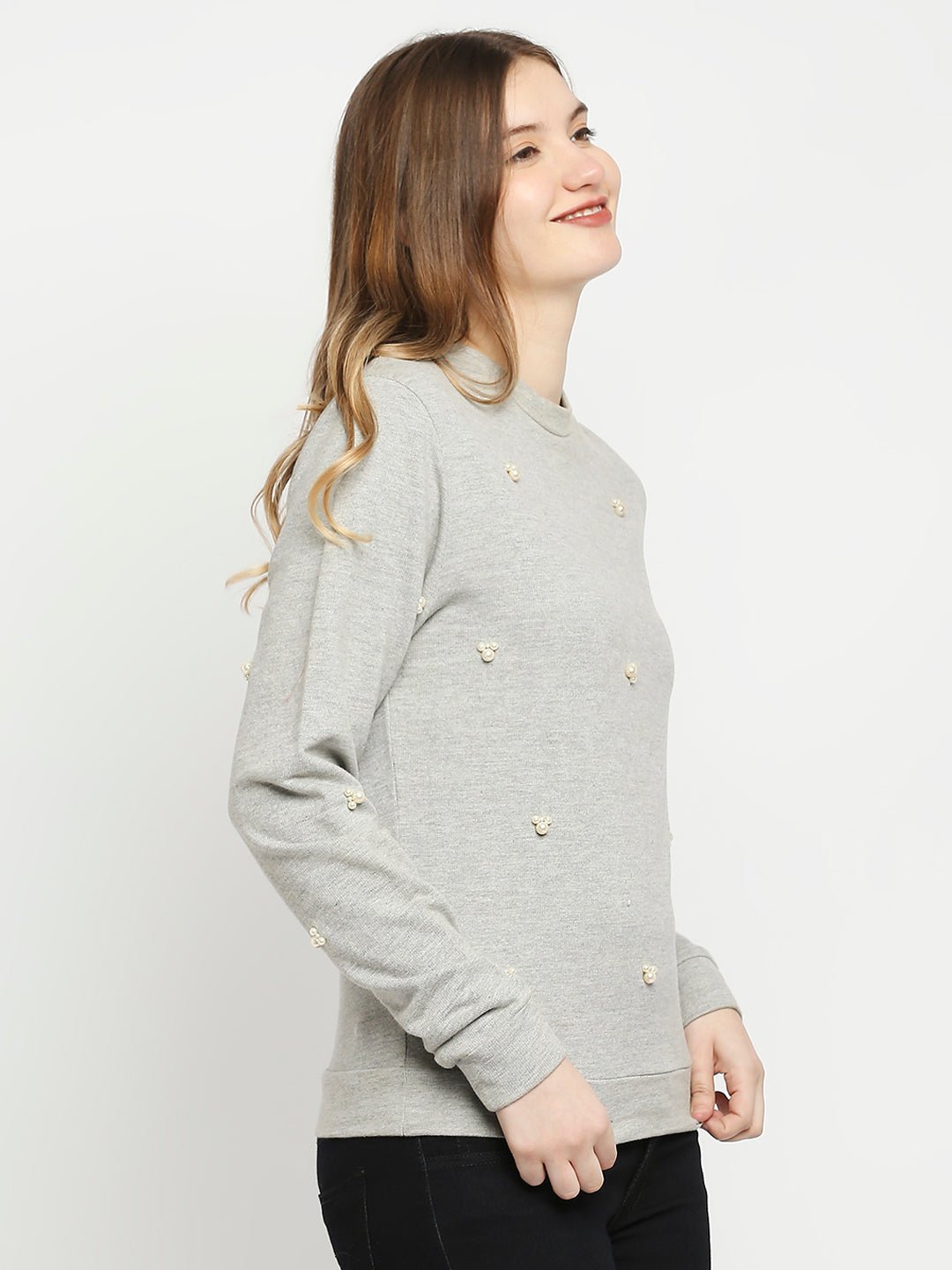 Cotton Jersey Grey Pearl Embellished Pullover Top - AaliyaIndia