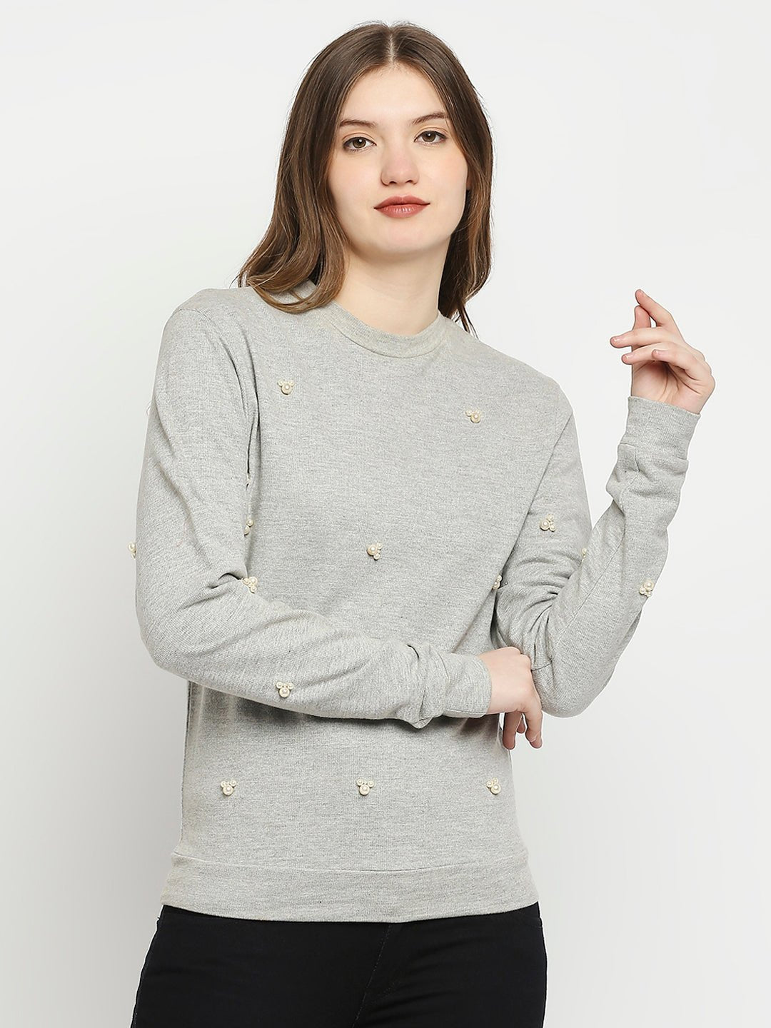 Cotton Jersey Grey Pearl Embellished Pullover Top - AaliyaIndia