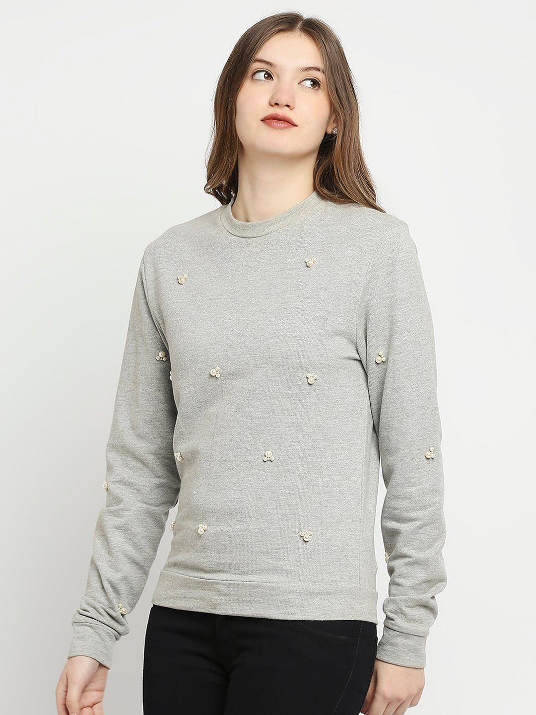 Cotton Jersey Grey Pearl Embellished Pullover Top - AaliyaIndia