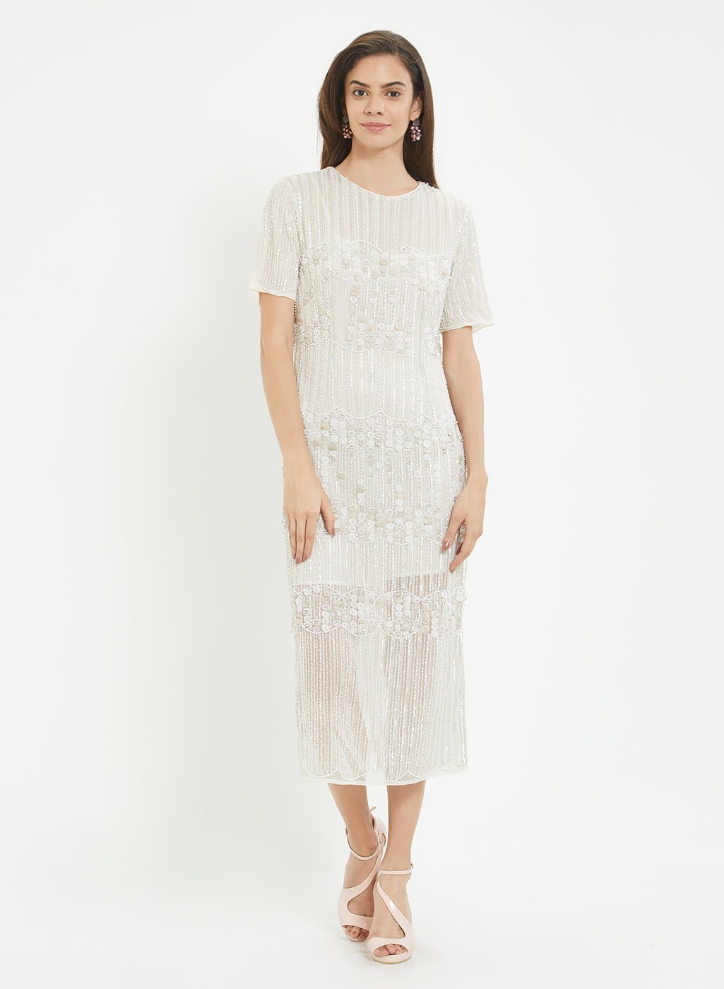 Cream Embellished Midi Dress - AaliyaIndia