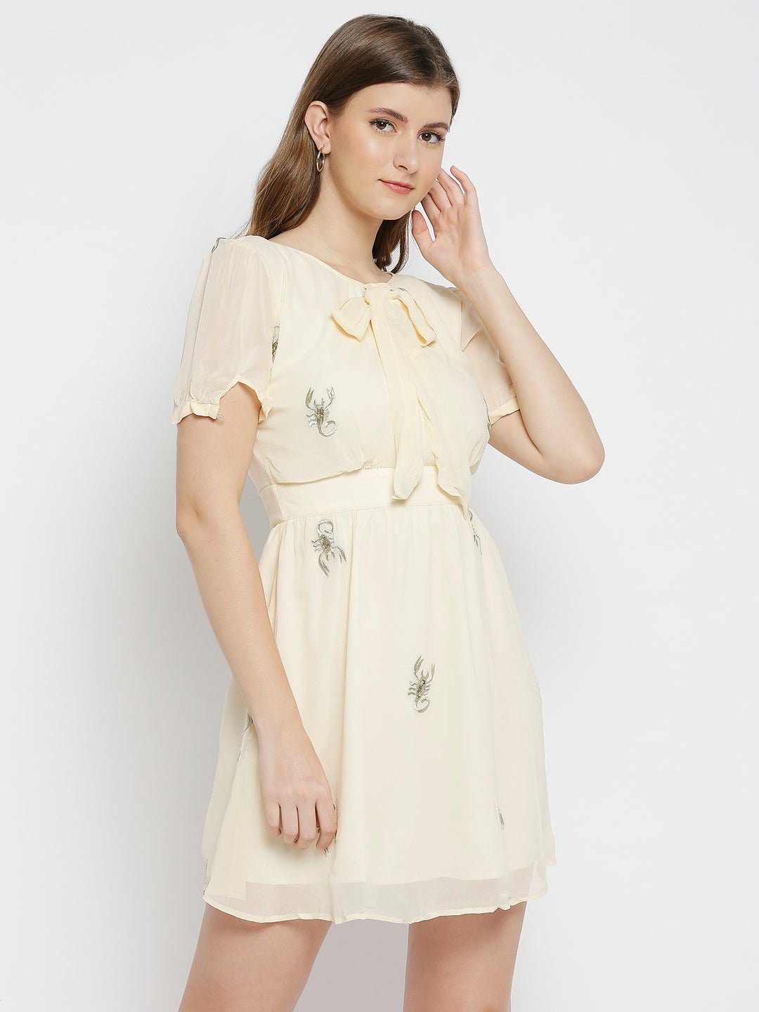 Cream Scorpion Sequin-work Dress - AaliyaIndia