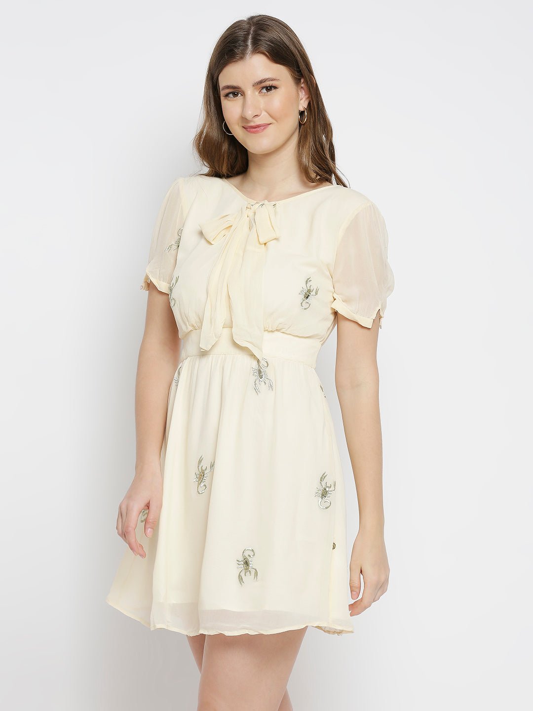Cream Scorpion Sequin-work Dress - AaliyaIndia