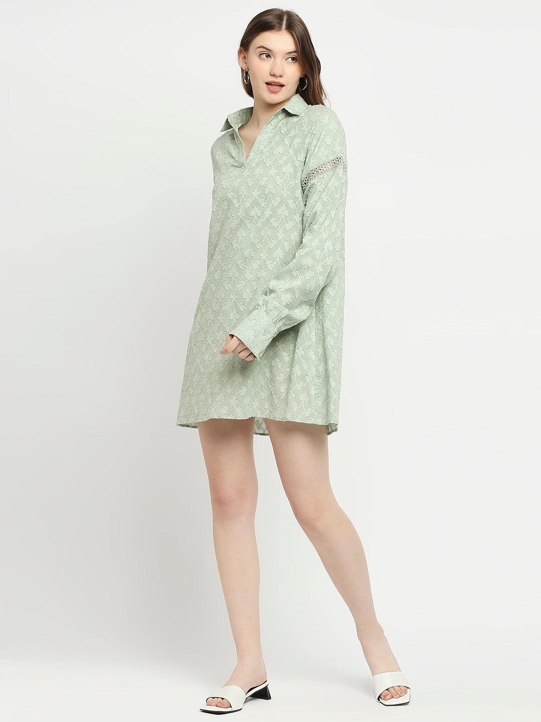 Green Cotton Jacquard Dress - AaliyaIndia