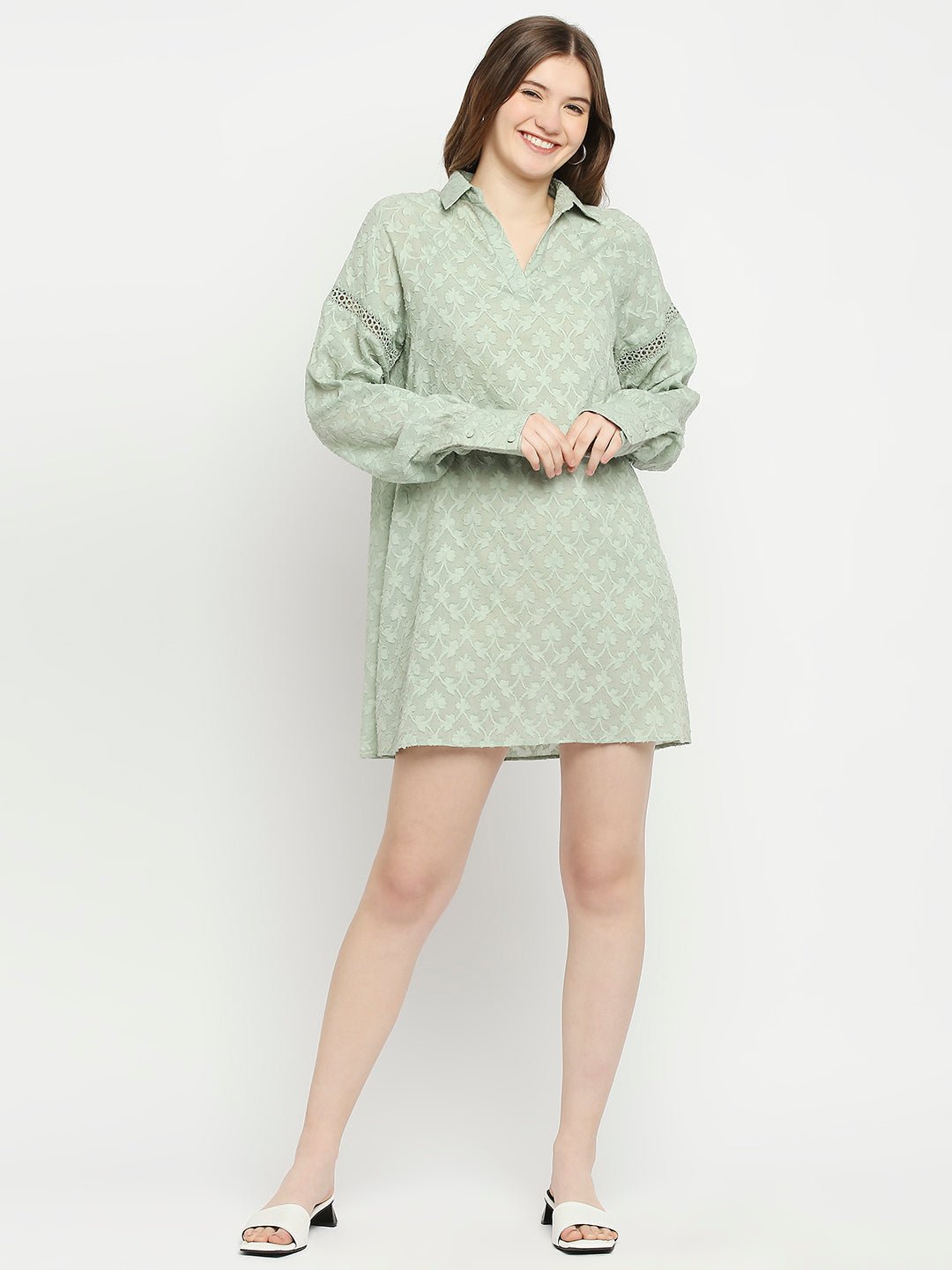 Green Cotton Jacquard Dress - AaliyaIndia