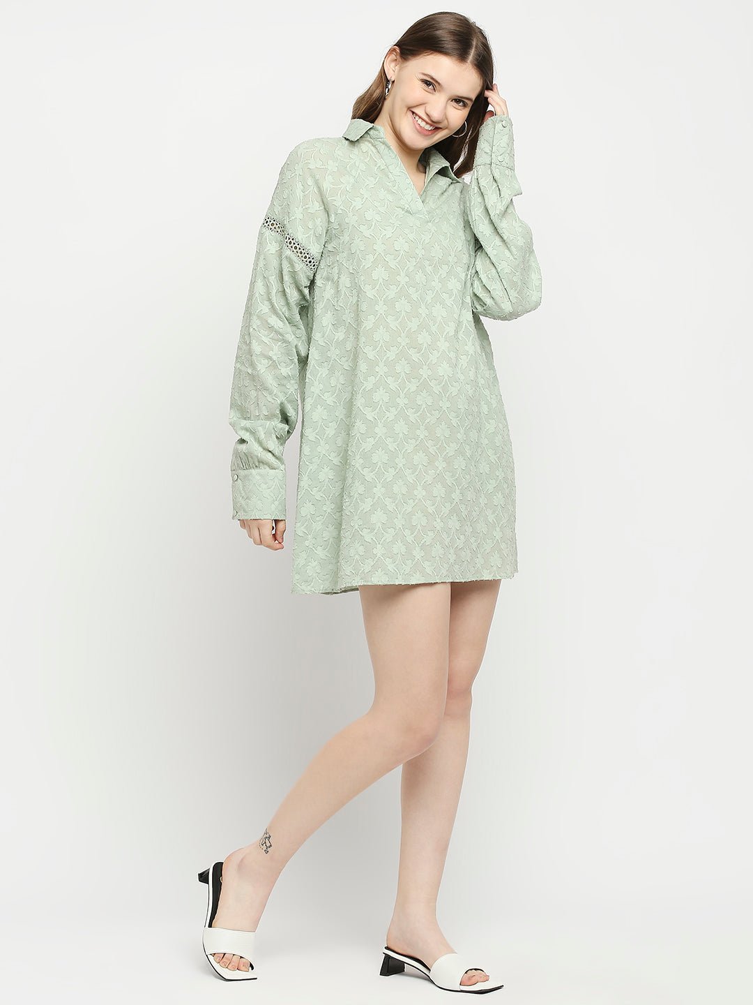 Green Cotton Jacquard Dress - AaliyaIndia