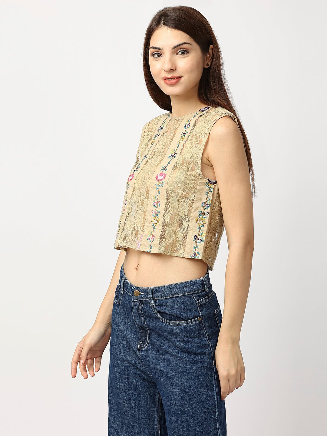 Green Cotton Lace Top With Floral Embroidery - AaliyaIndia