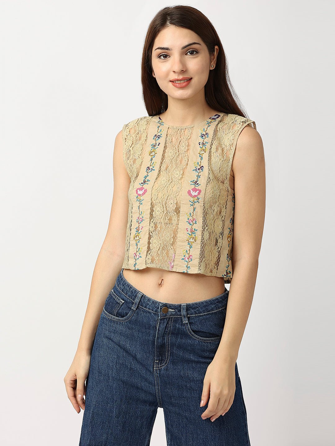 Green Cotton Lace Top With Floral Embroidery - AaliyaIndia