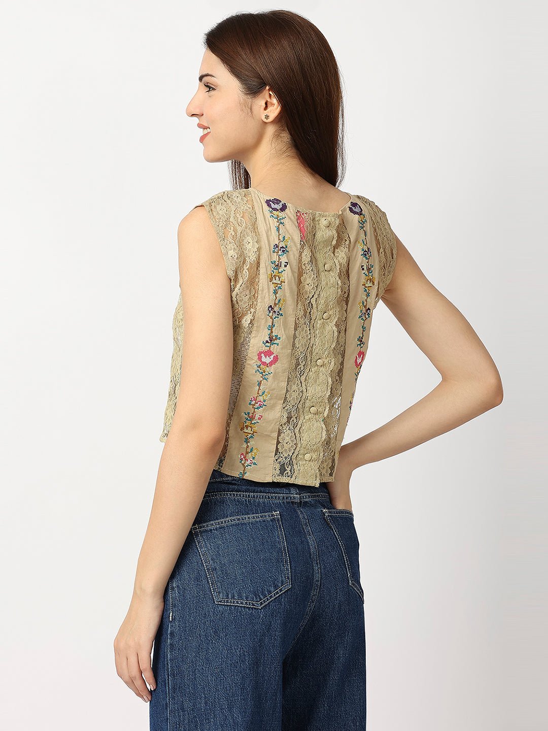 Green Cotton Lace Top With Floral Embroidery - AaliyaIndia