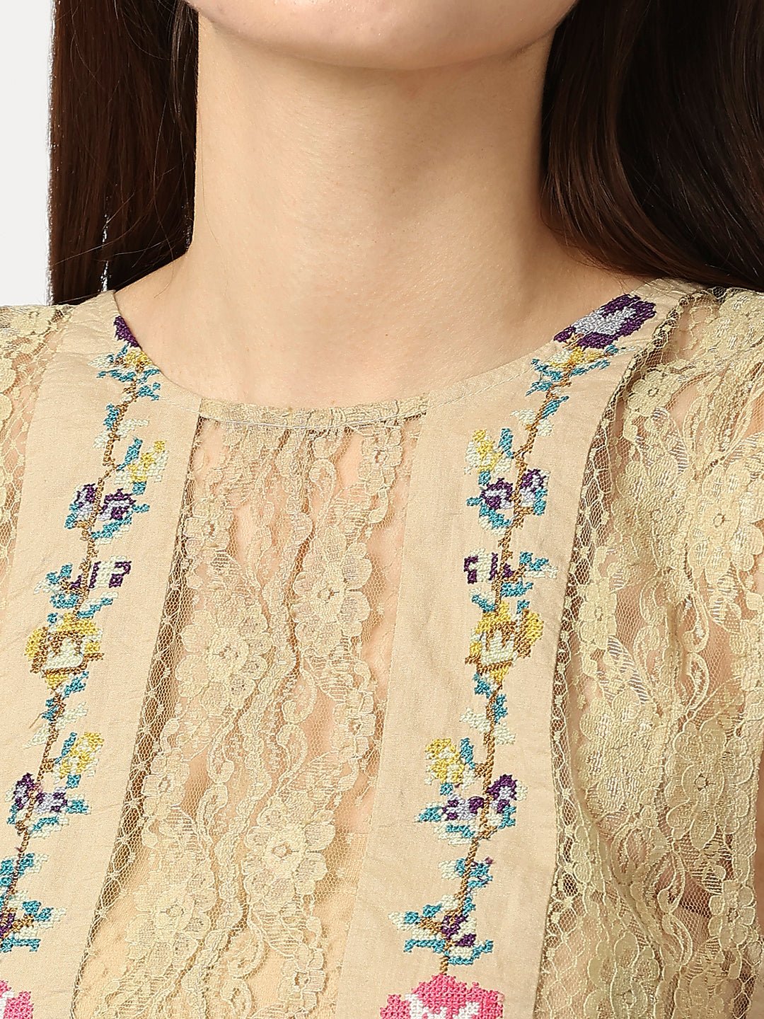 Green Cotton Lace Top With Floral Embroidery - AaliyaIndia