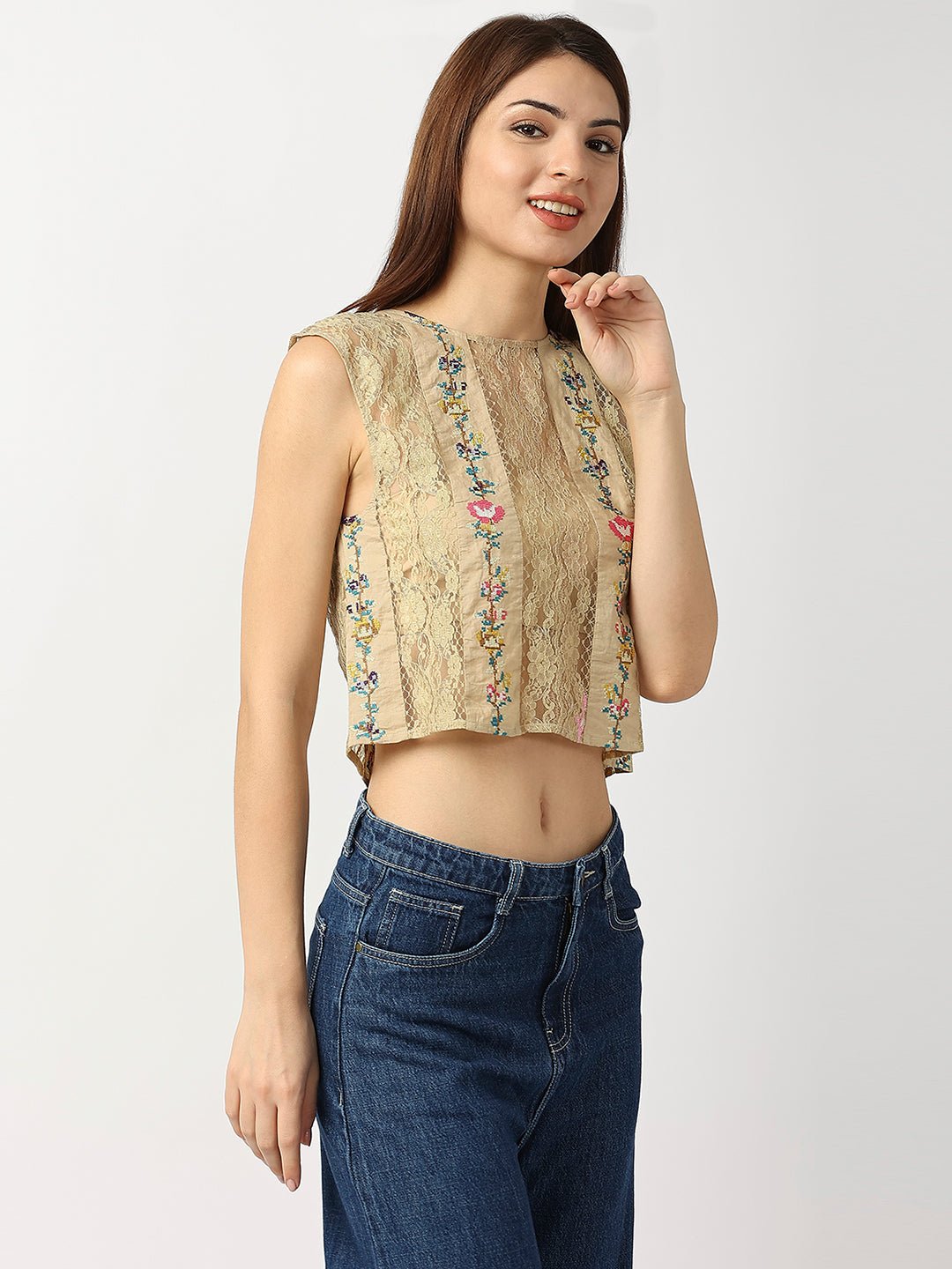 Green Cotton Lace Top With Floral Embroidery - AaliyaIndia