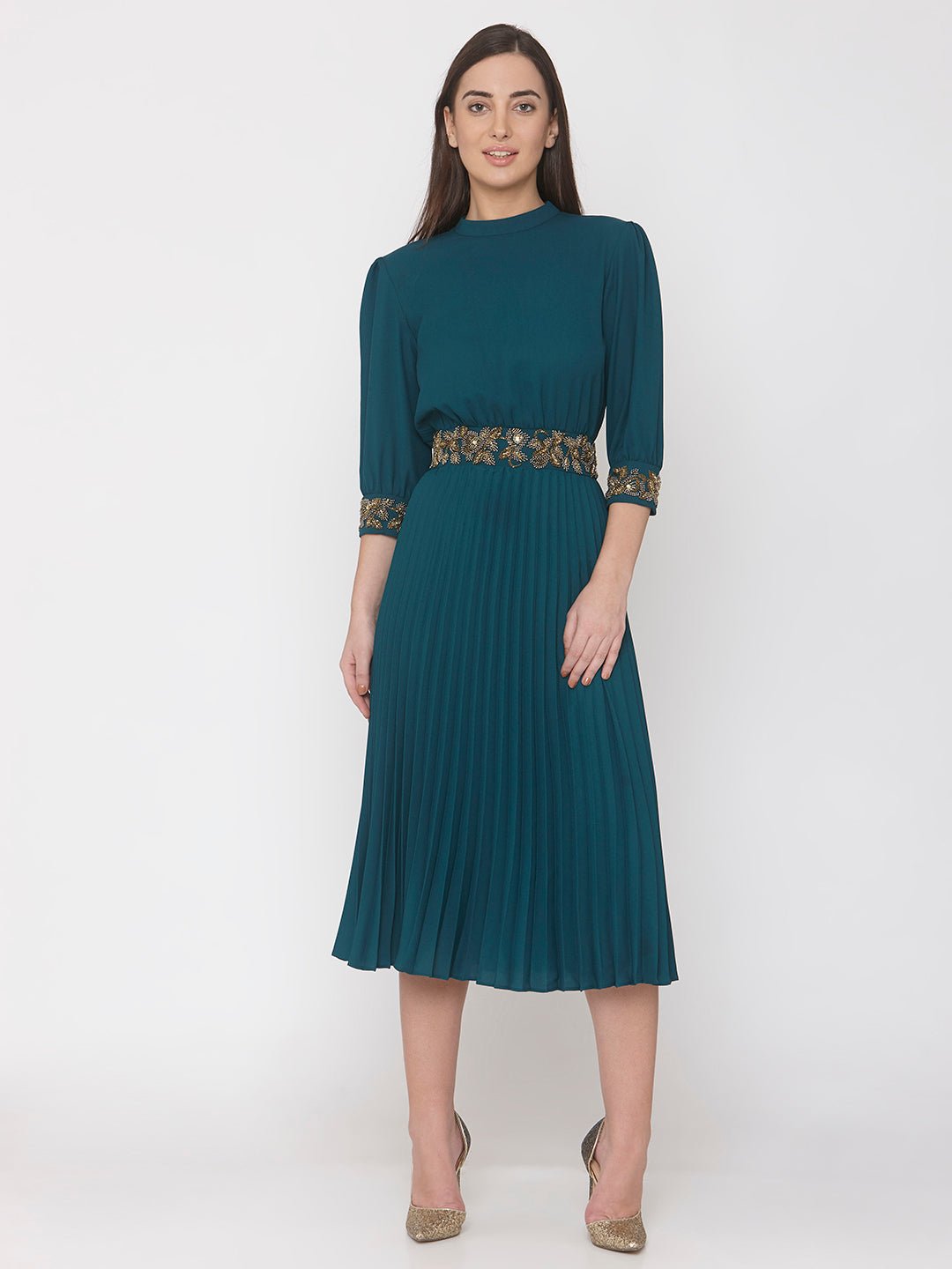 Green Embellished Midi Dress - AaliyaIndia