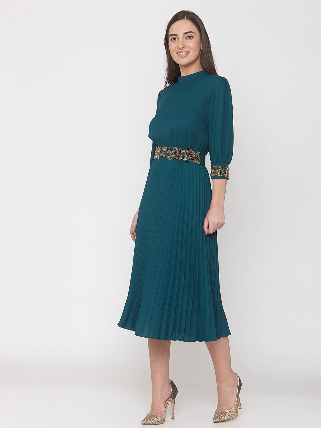 Green Embellished Midi Dress - AaliyaIndia