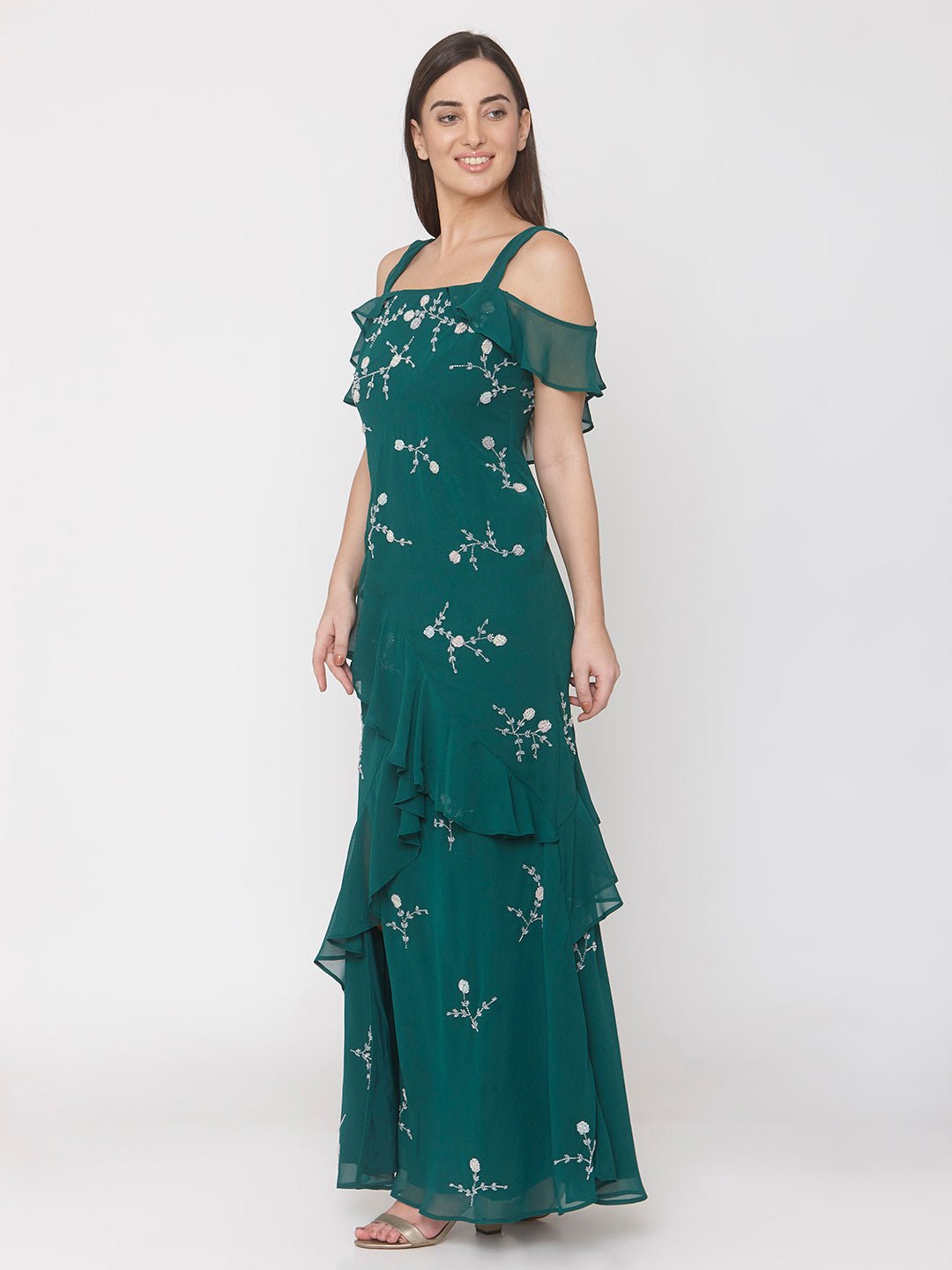 Green Hand Embellished Gown - AaliyaIndia