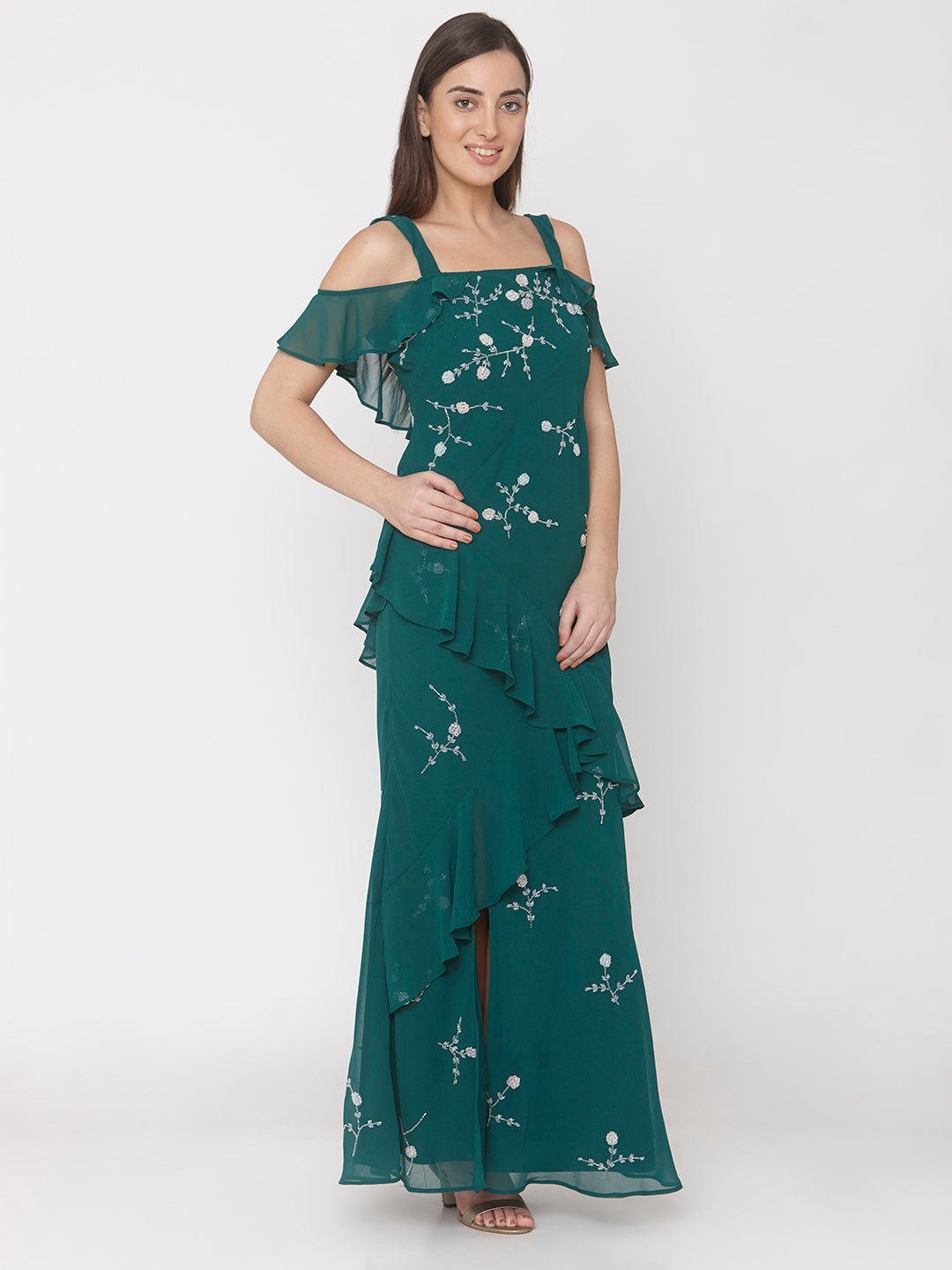 Green Hand Embellished Gown - AaliyaIndia