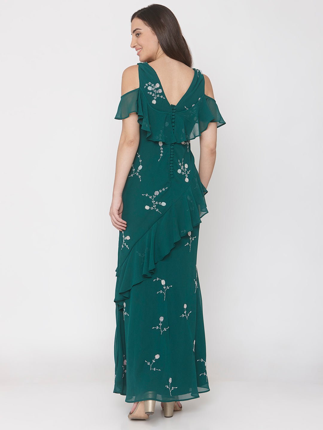 Green Hand Embellished Gown - AaliyaIndia