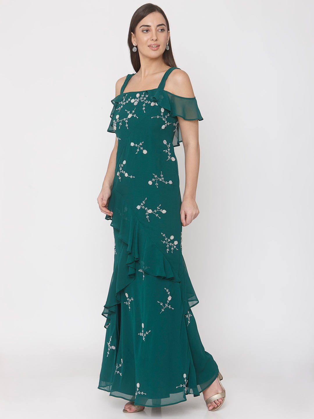 Green Hand Embellished Gown - AaliyaIndia