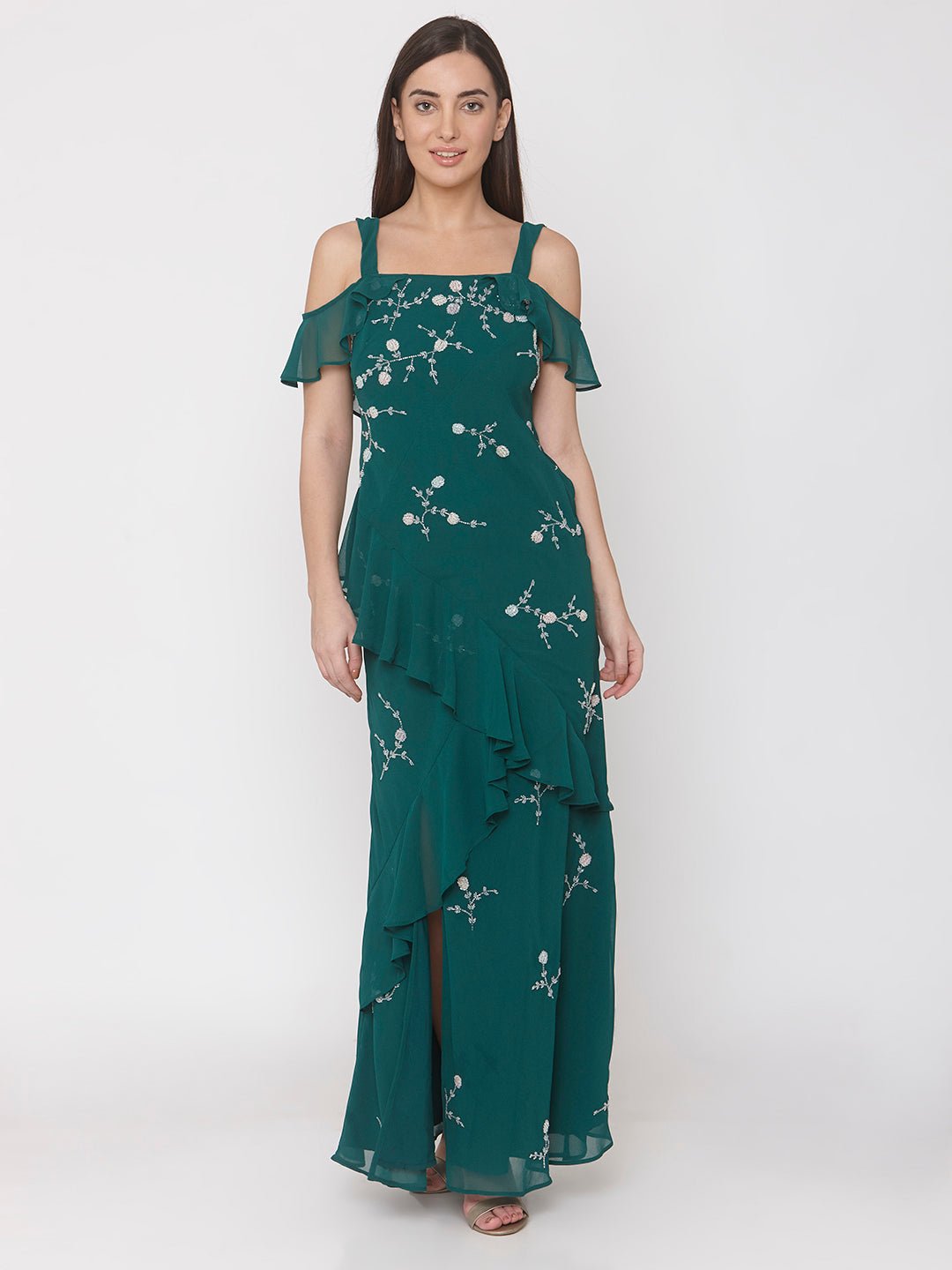 Green Hand Embellished Gown - AaliyaIndia