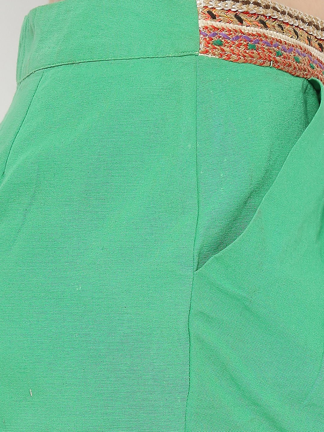 Green Jacquard Mini Skirt With Jute Lace - AaliyaIndia