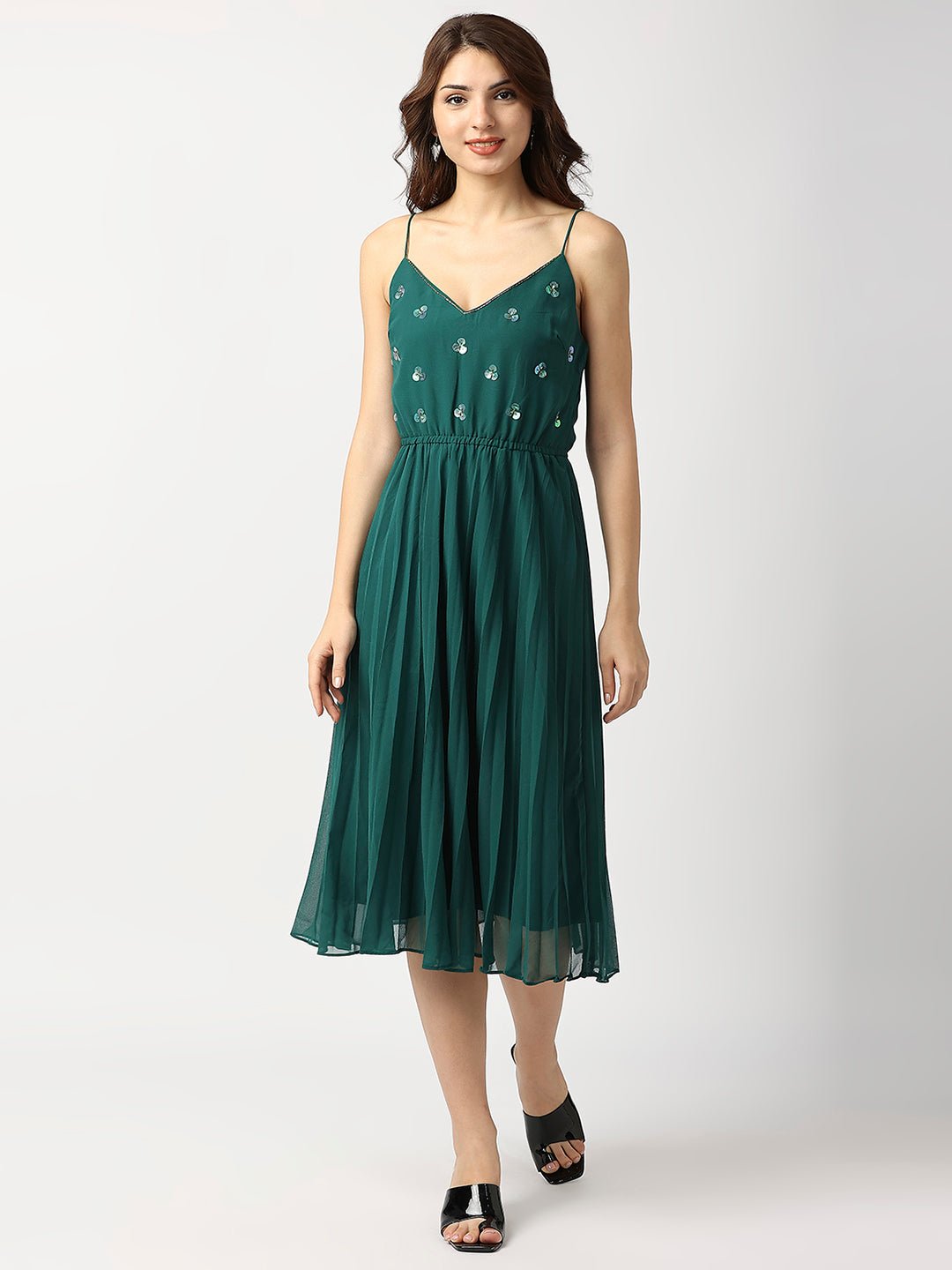 Green Pleated Maxi Dress - AaliyaIndia