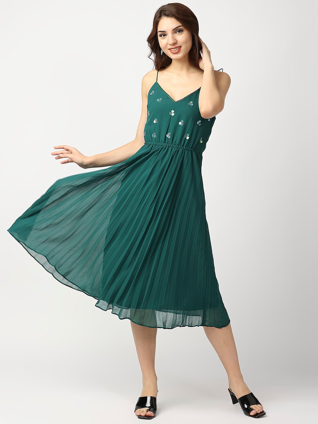 Green Pleated Maxi Dress - AaliyaIndia