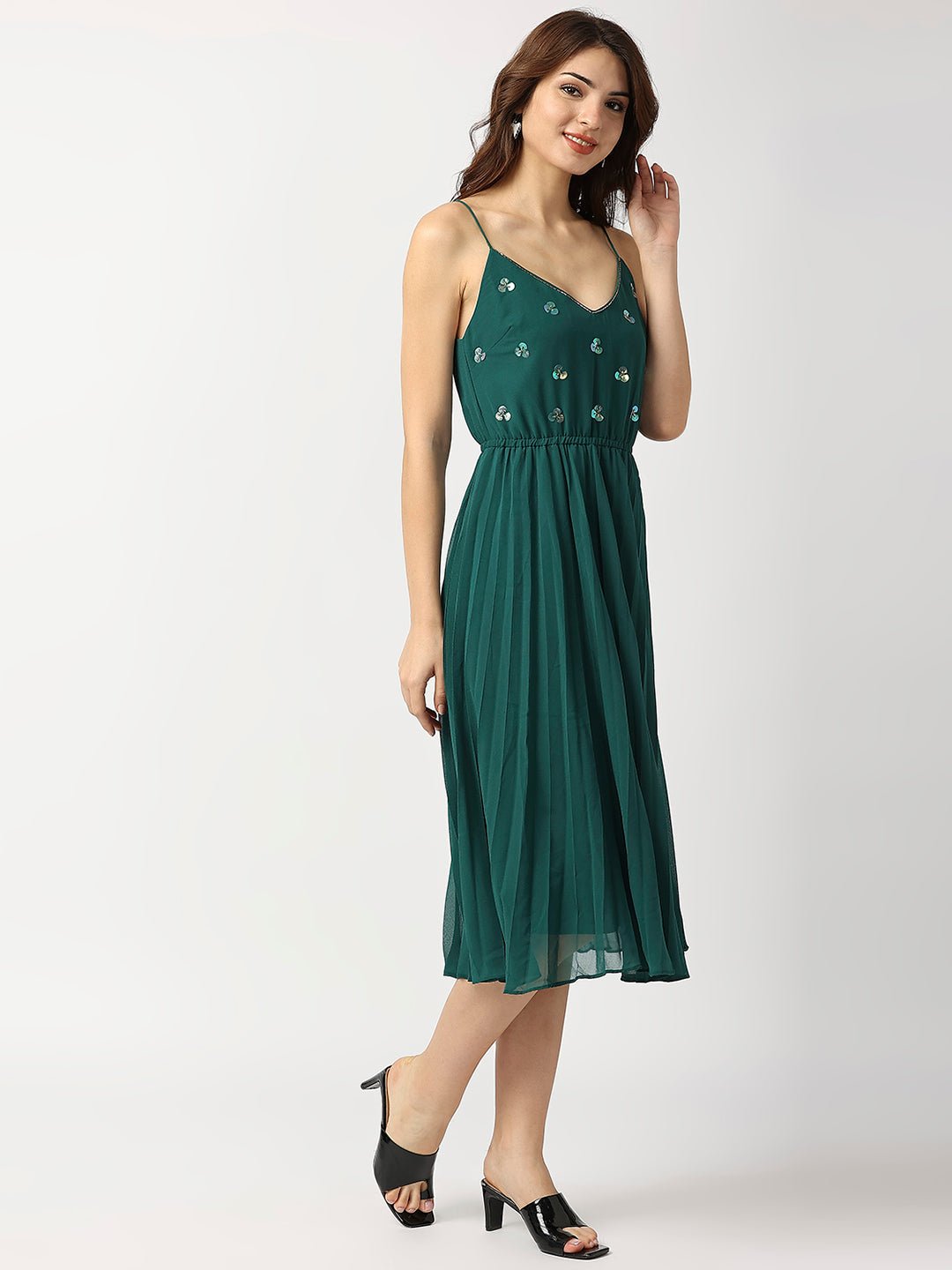 Green Pleated Maxi Dress - AaliyaIndia