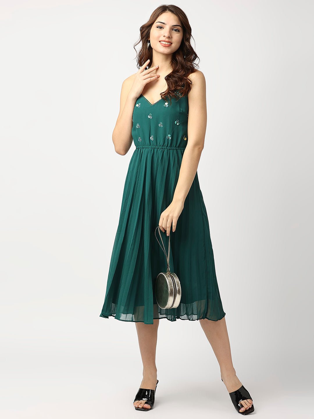 Green Pleated Maxi Dress - AaliyaIndia