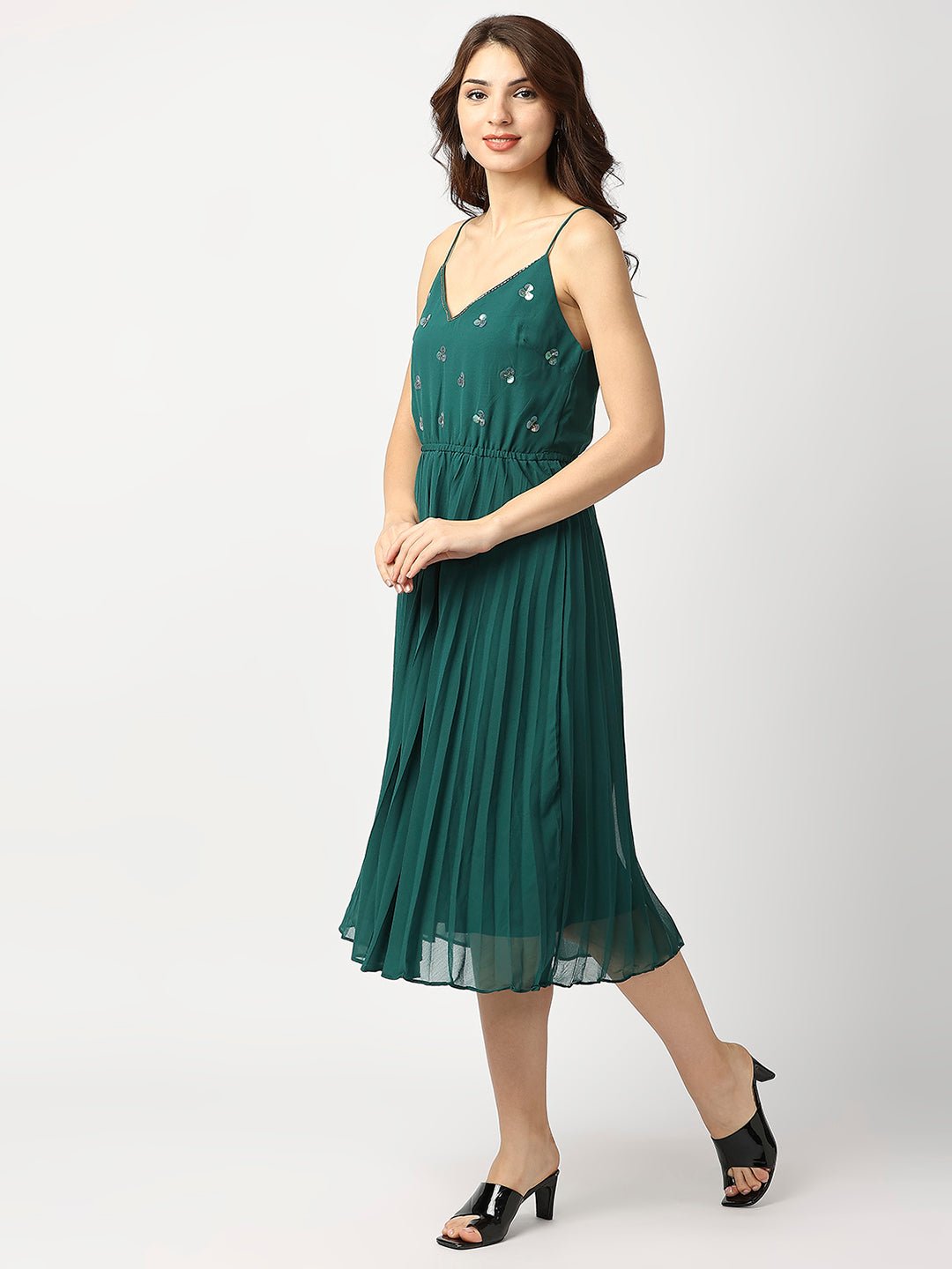 Green Pleated Maxi Dress - AaliyaIndia