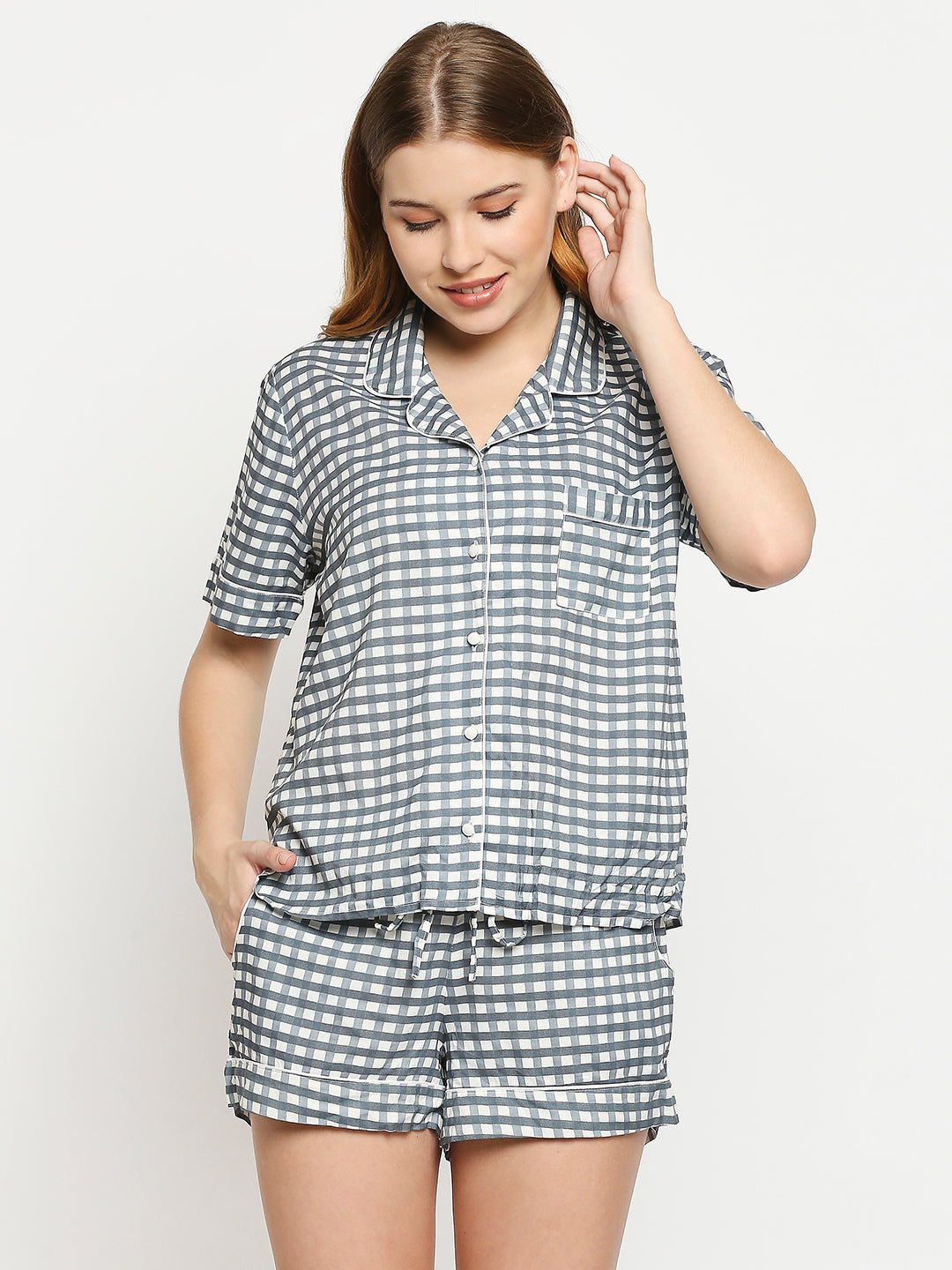 Grey Checks Pyjama Set - AaliyaIndia