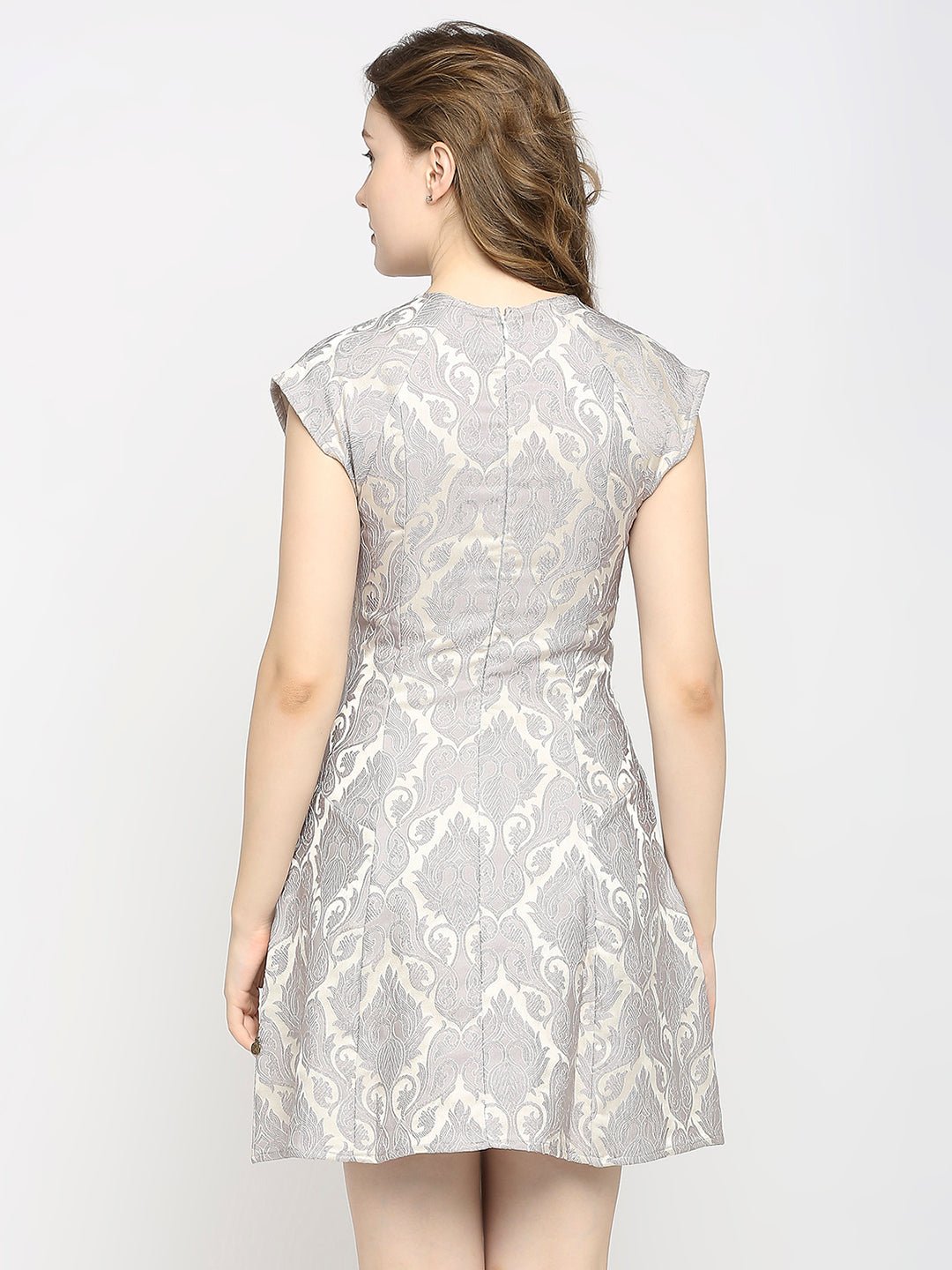 Grey Jacquard Flared Mini Dress - AaliyaIndia