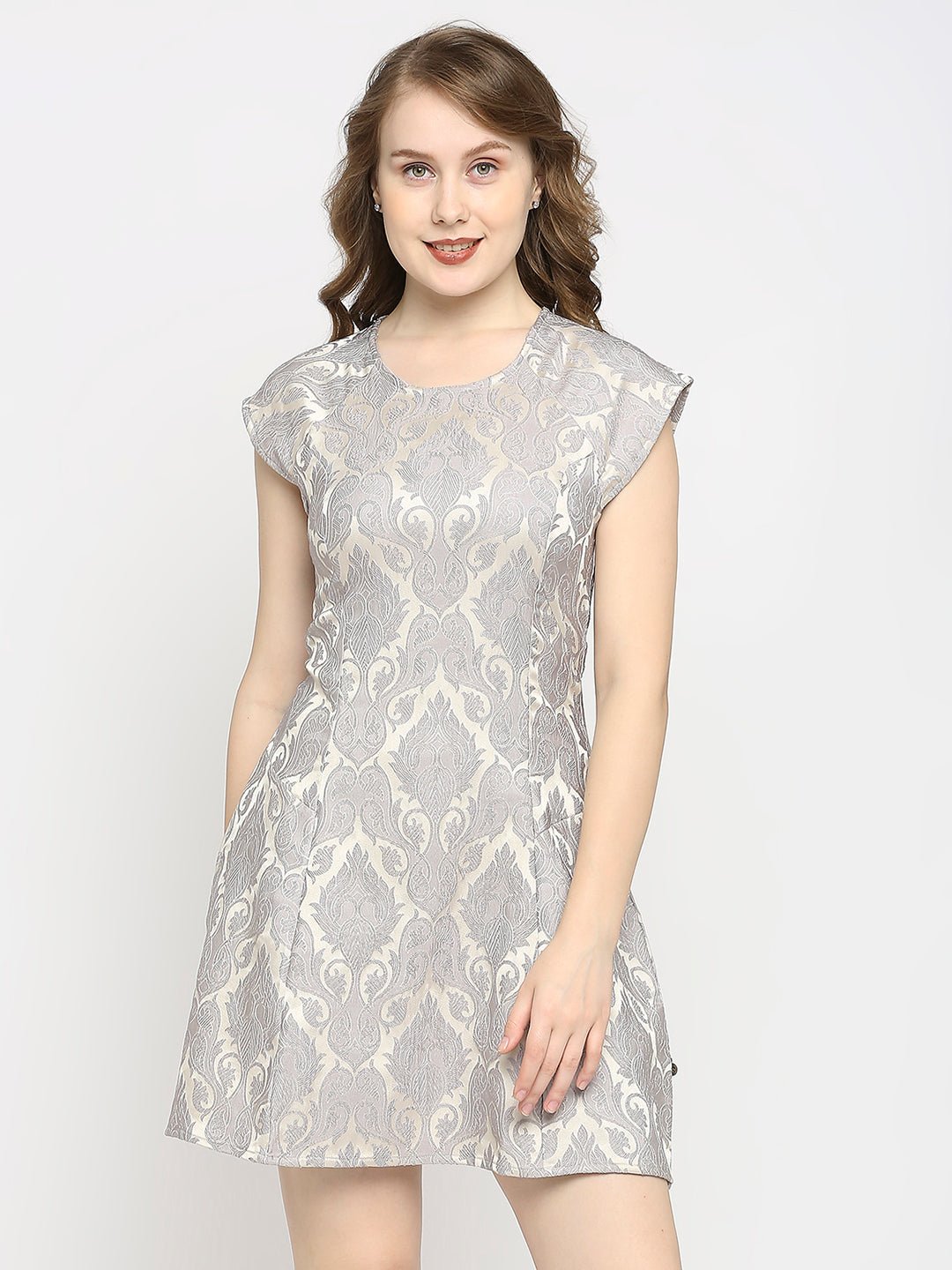 Grey Jacquard Flared Mini Dress - AaliyaIndia