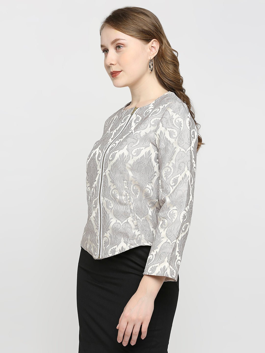 Grey Jacquard Full Sleeve Jacket - AaliyaIndia