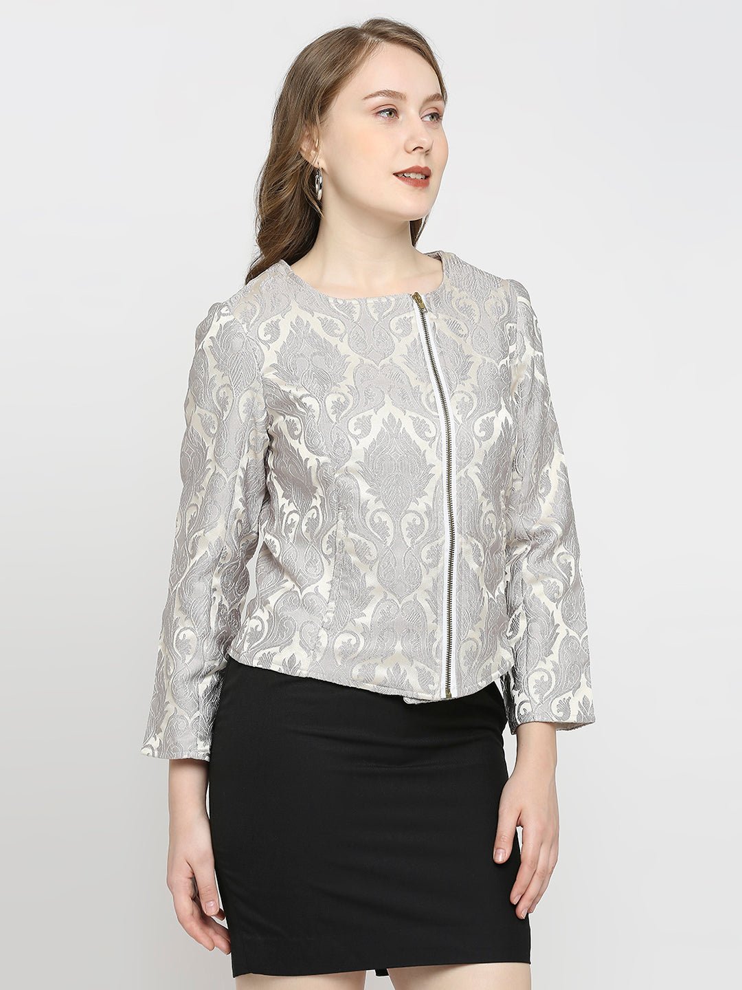 Grey Jacquard Full Sleeve Jacket - AaliyaIndia