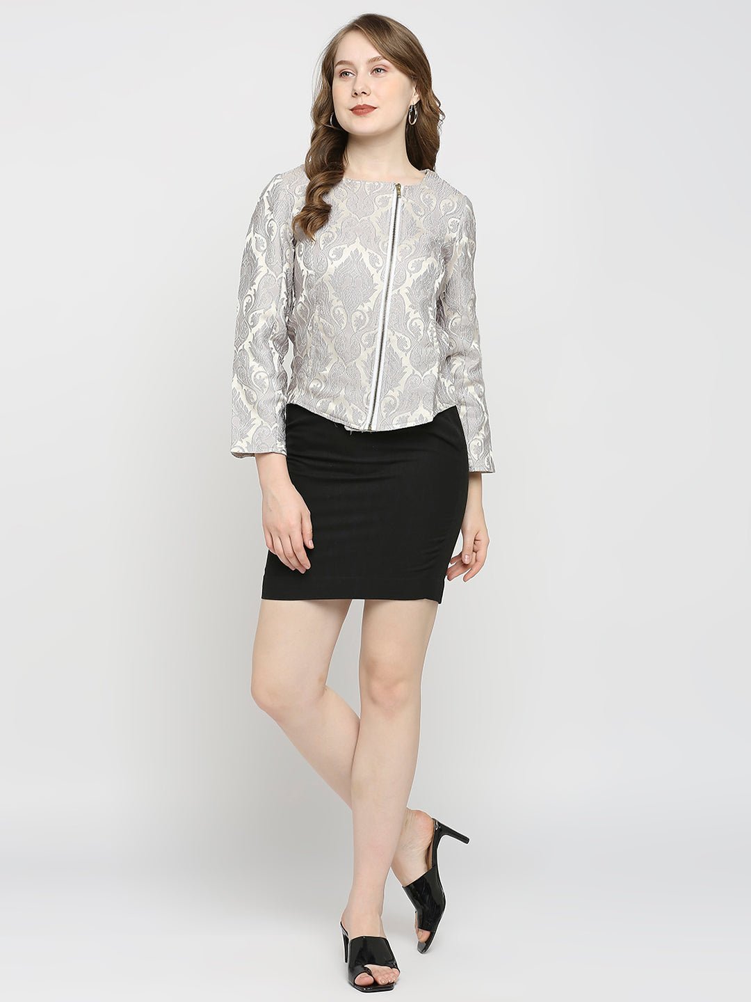 Grey Jacquard Full Sleeve Jacket - AaliyaIndia