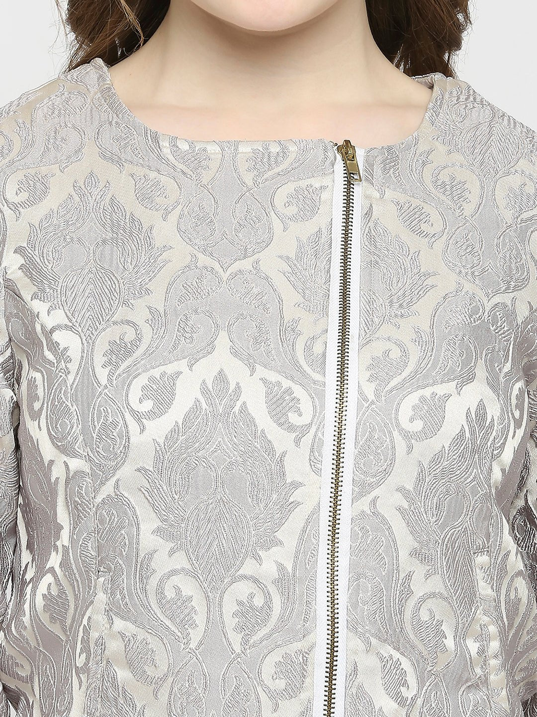 Grey Jacquard Full Sleeve Jacket - AaliyaIndia