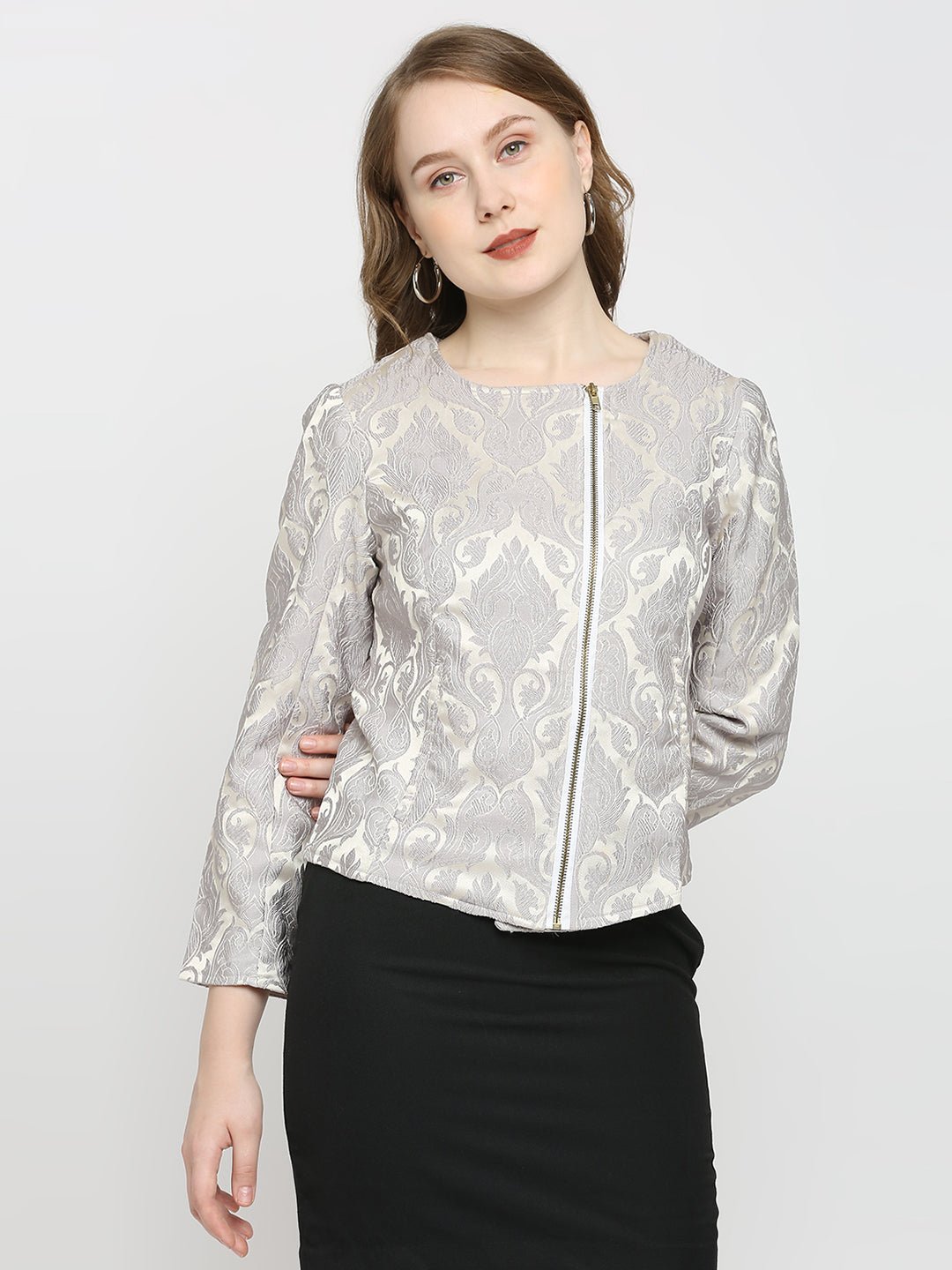 Grey Jacquard Full Sleeve Jacket - AaliyaIndia