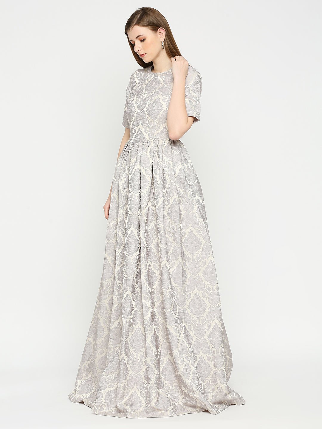 Grey Jacquard Short Sleeve Maxi Dress - AaliyaIndia