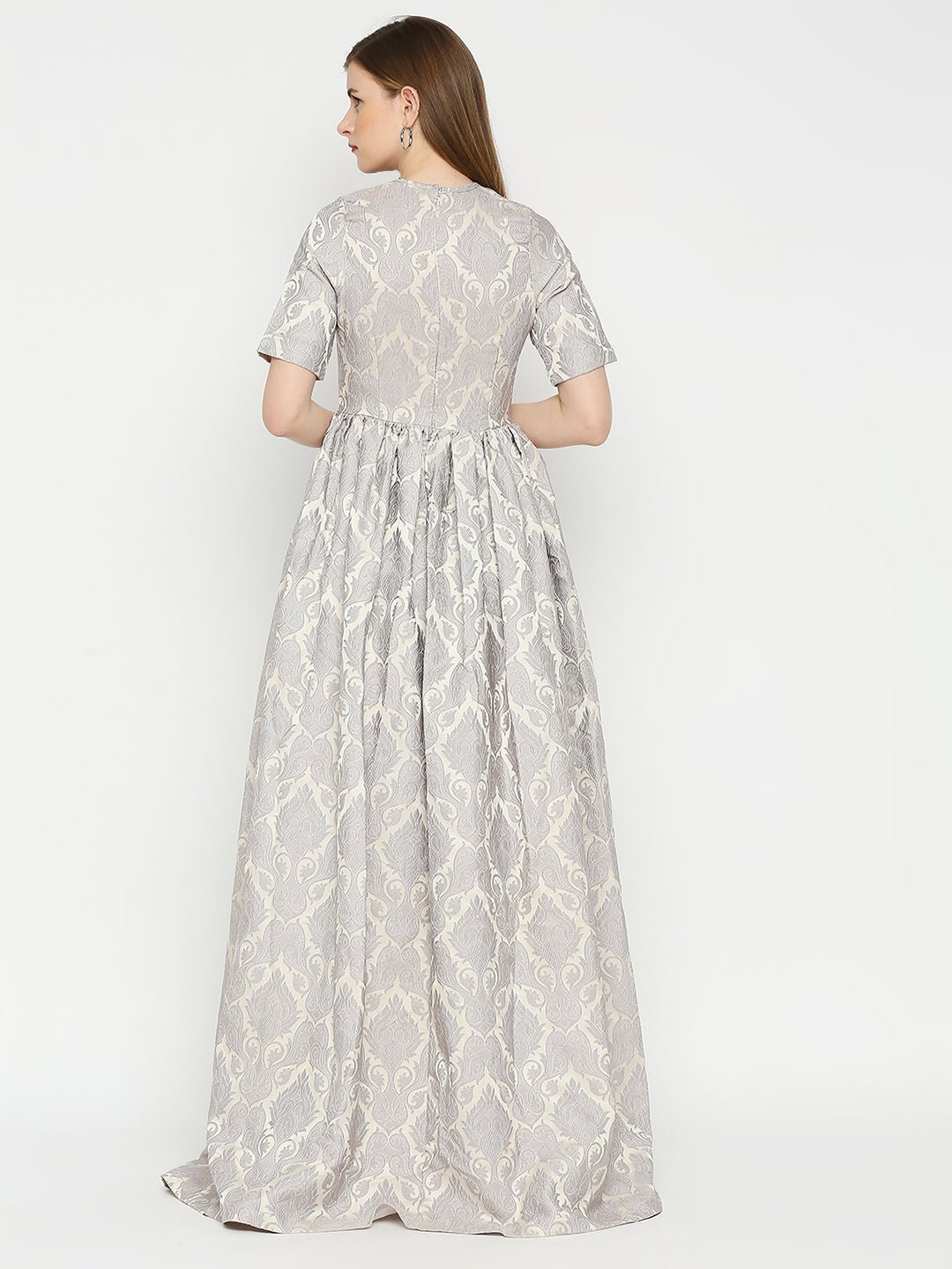 Grey Jacquard Short Sleeve Maxi Dress - AaliyaIndia