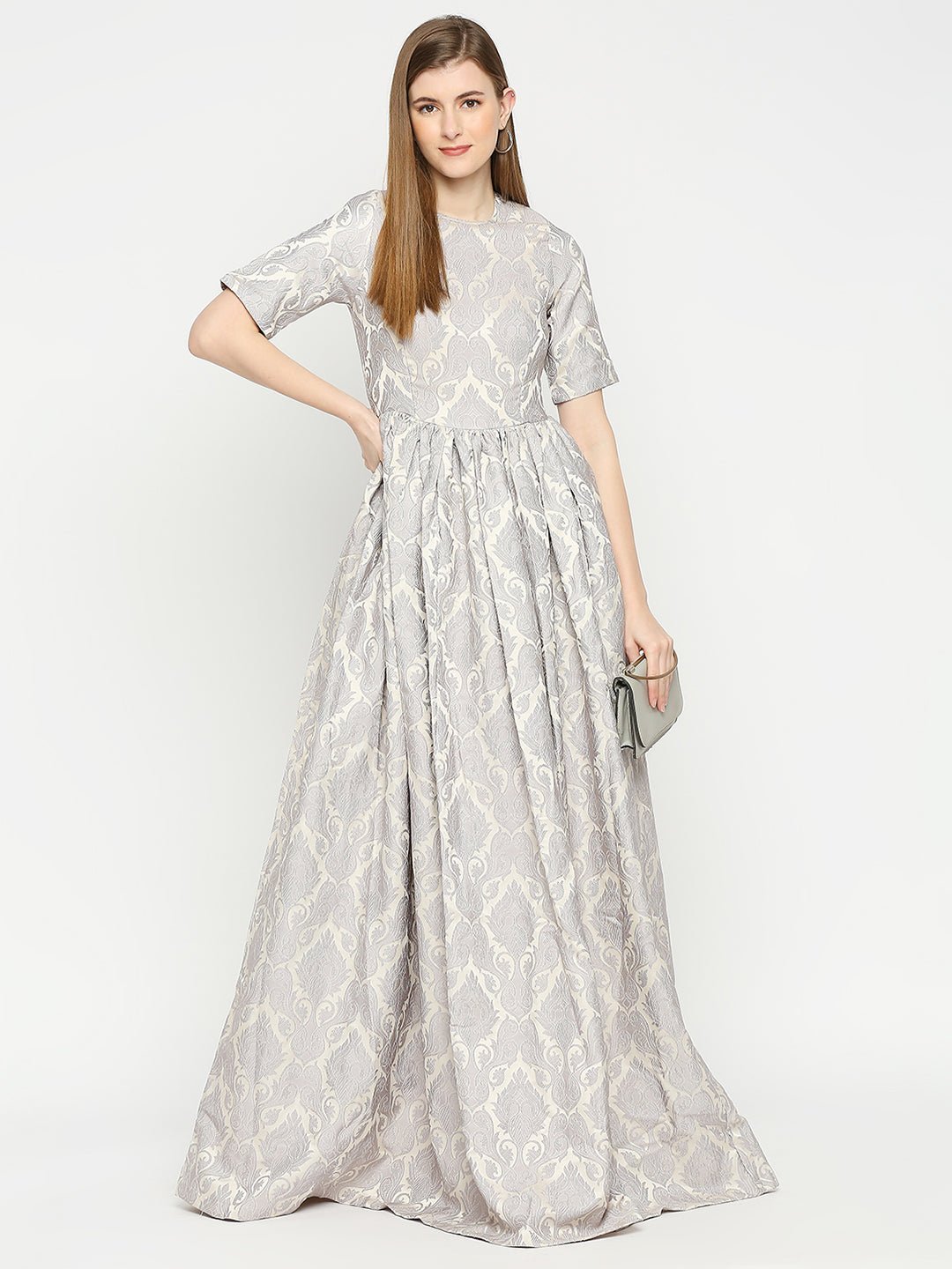 Grey Jacquard Short Sleeve Maxi Dress - AaliyaIndia