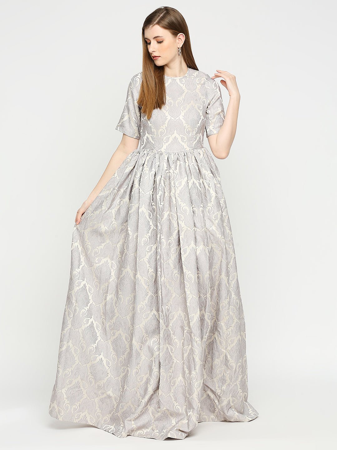 Grey Jacquard Short Sleeve Maxi Dress - AaliyaIndia