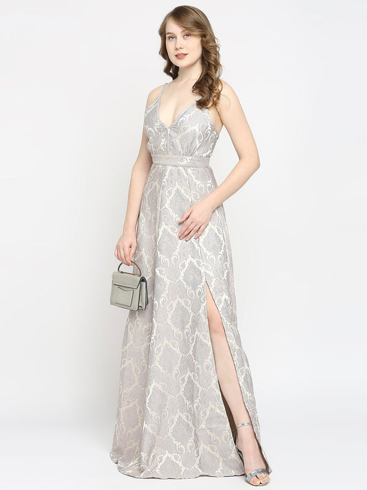 Grey Jacquard Shoulder Strap Long Gown - AaliyaIndia