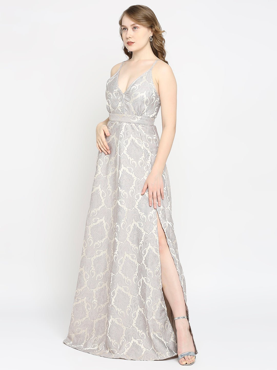 Grey Jacquard Shoulder Strap Long Gown - AaliyaIndia