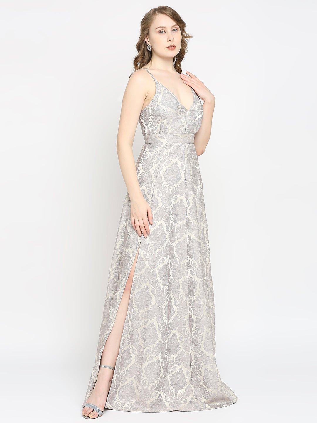 Grey Jacquard Shoulder Strap Long Gown - AaliyaIndia