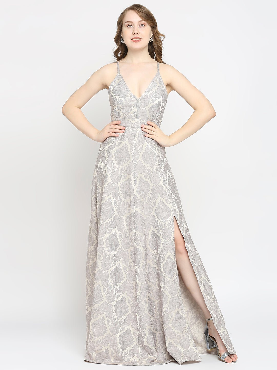 Grey Jacquard Shoulder Strap Long Gown - AaliyaIndia