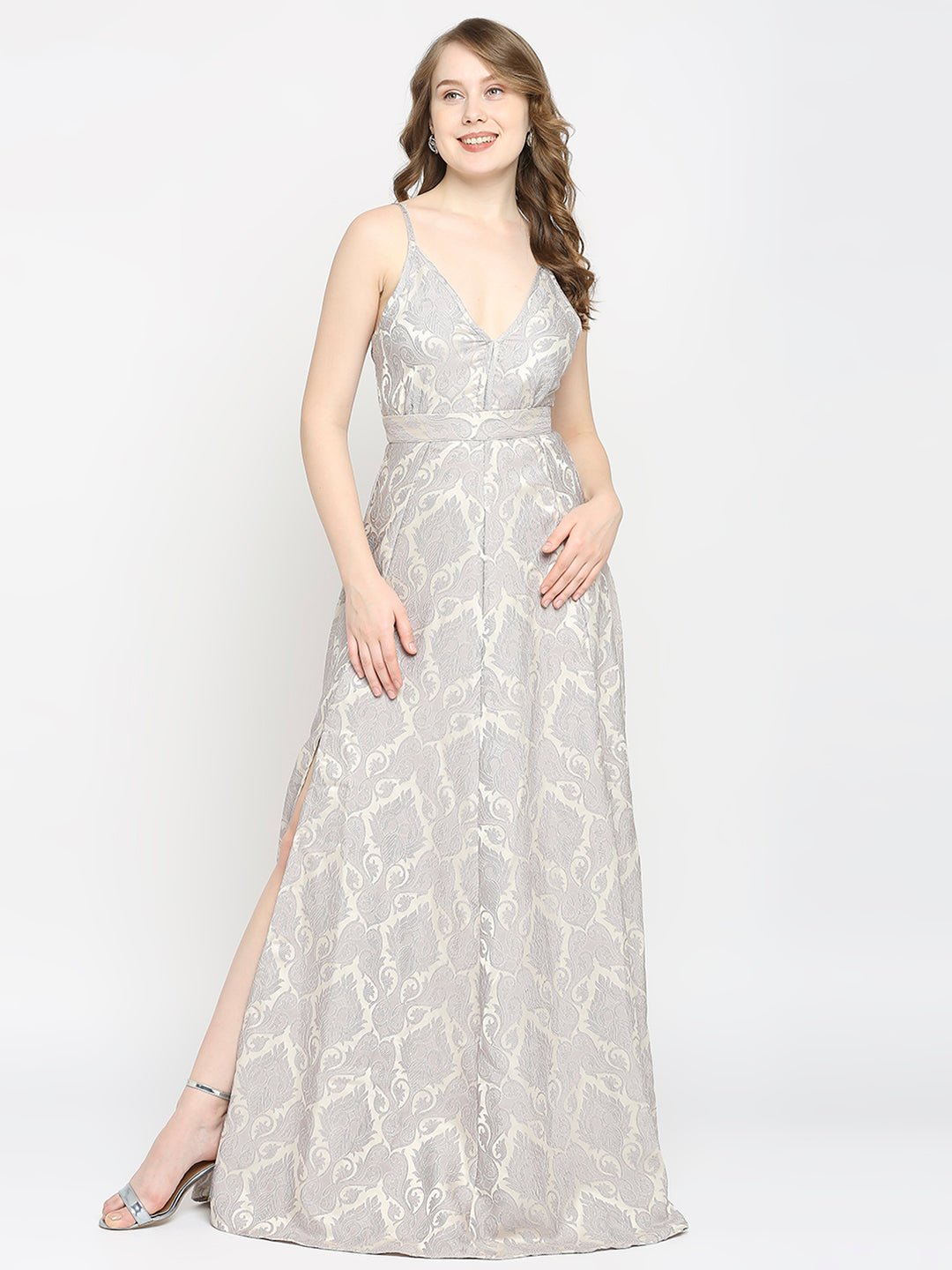 Grey Jacquard Shoulder Strap Long Gown - AaliyaIndia