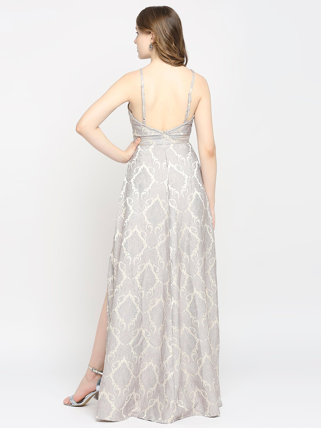 Grey Jacquard Shoulder Strap Long Gown - AaliyaIndia