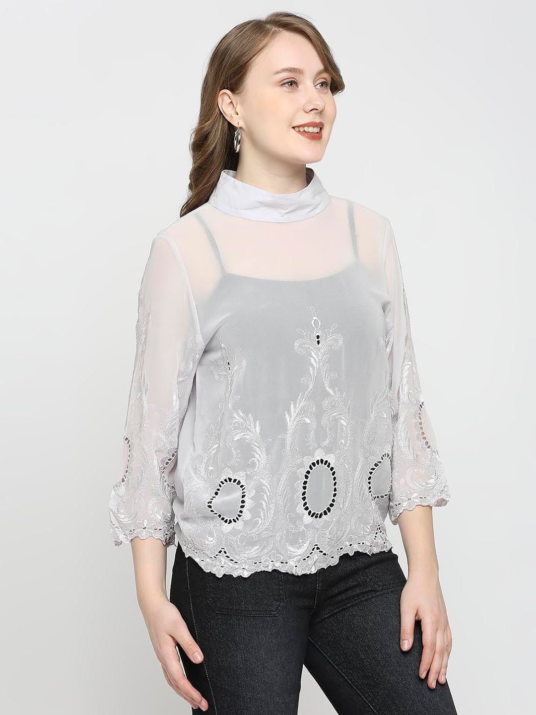 Grey Viscose Georgette Crop Top - AaliyaIndia