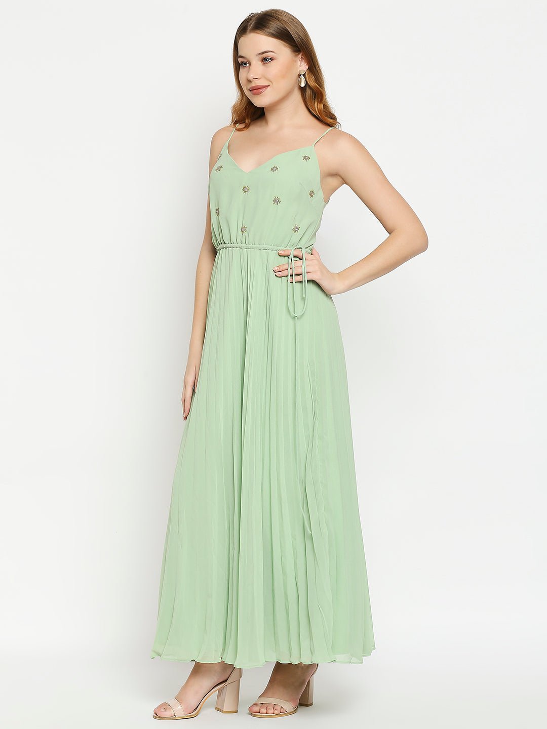 Light Green Pleated Maxi Dress With Embellishments - AaliyaIndia